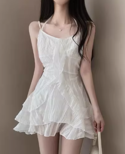 Ruffled halter top French chic A-line short dress
