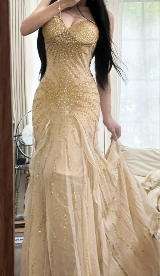 Pretty Spaghetti Straps Chiffon Beaded Ruffles Long Party Dress Yellow Mermaid Evening Dress