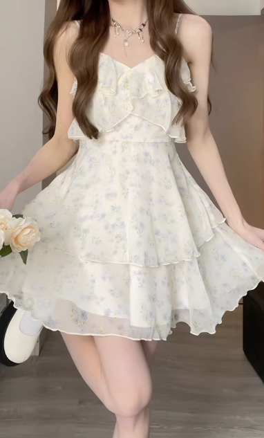 Gentle Ruffled Floral Print Dress 2026 New Style Suspender Summer Short Dress