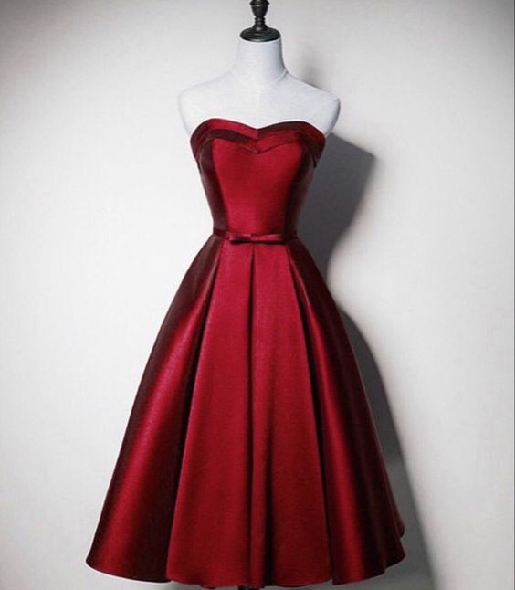A Line Strapless Burgundy Satin Tea Length Prom Dresses Homecoming Dress