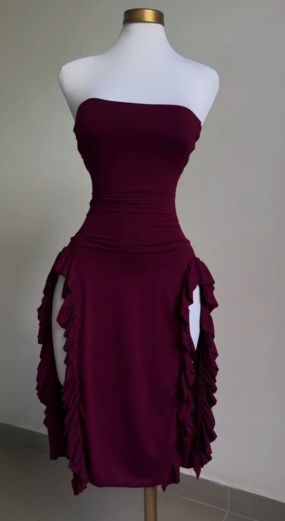Sexy Sheath Strapless Burgundy Slit Prom Dresses Homecoming Dress