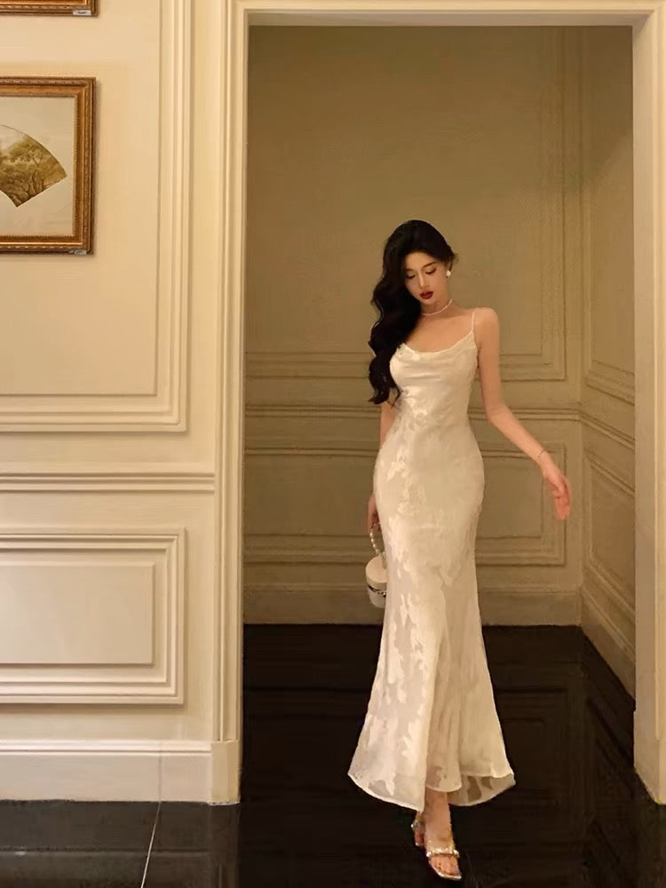 Gorgeous Mermaid Spaghetti Straps Date Night Dress Floral Ivory Satin Prom Dresses Birthday Outfit