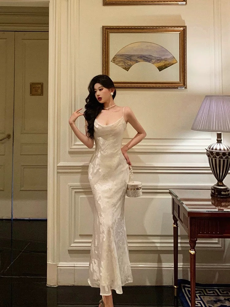 Gorgeous Mermaid Spaghetti Straps Date Night Dress Floral Ivory Satin Prom Dresses Birthday Outfit
