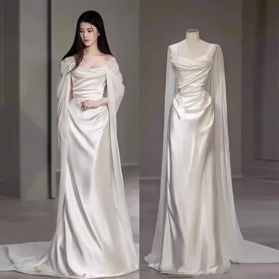 Fairytale White Satin Wedding Dress Simple Two Wear Slim Travel Photography Satin Outgoing Dresses