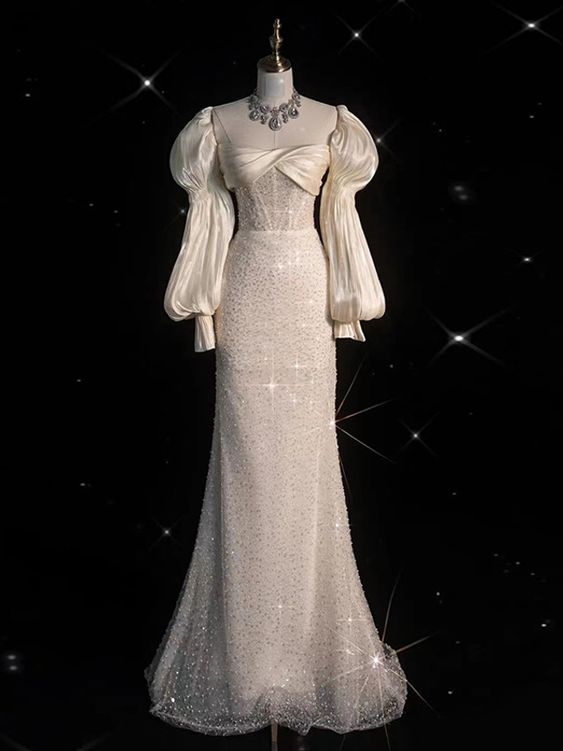 Fairytale White Satin Wedding Dress Ivory Satin Sequins Puff Sleeve Wedding Dress