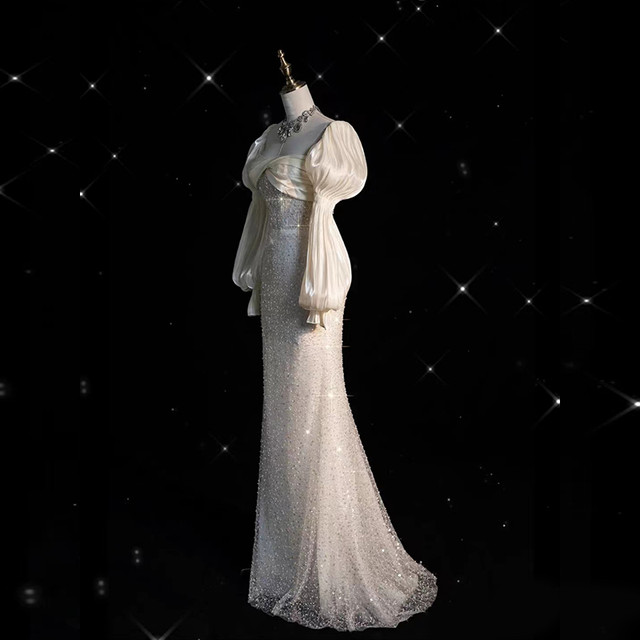 Fairytale White Satin Wedding Dress Ivory Satin Sequins Puff Sleeve Wedding Dress