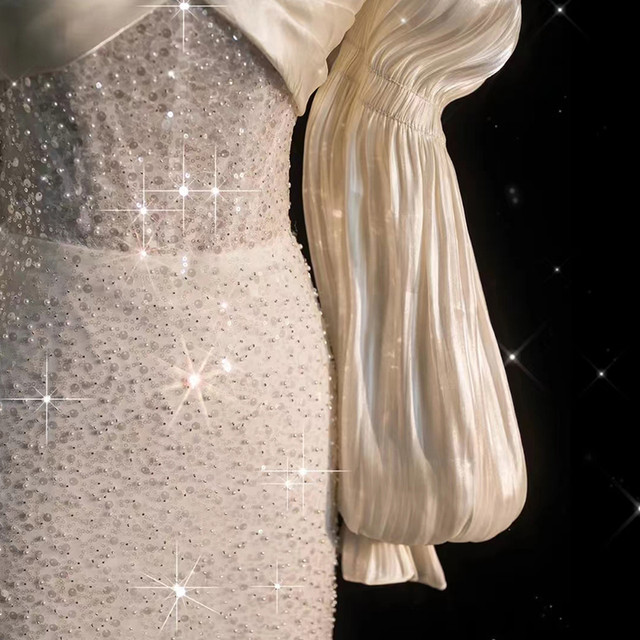 Fairytale White Satin Wedding Dress Ivory Satin Sequins Puff Sleeve Wedding Dress
