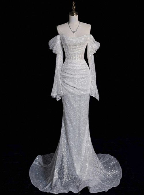 Fairytale Wedding Dress White Mermaid Sequins Long Sleeve Wedding Dresses