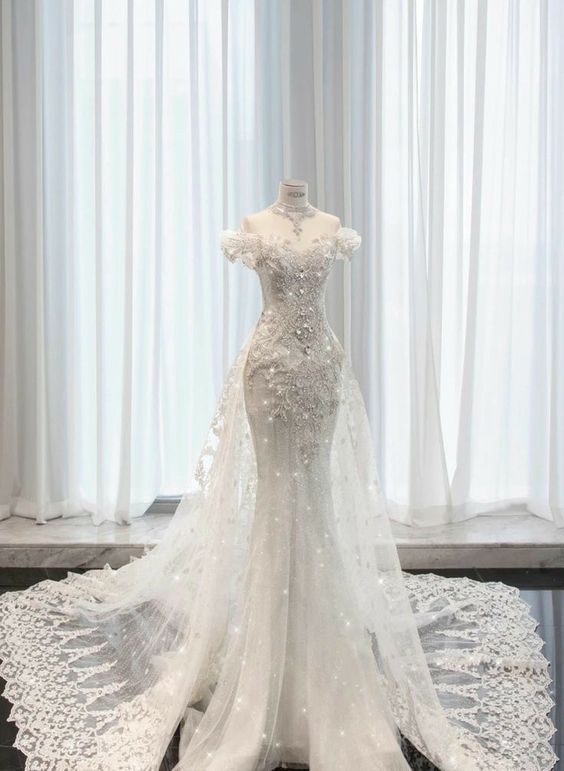 Vintage White Mermaid Off The Shoulder Sequin Long Wedding Dresses