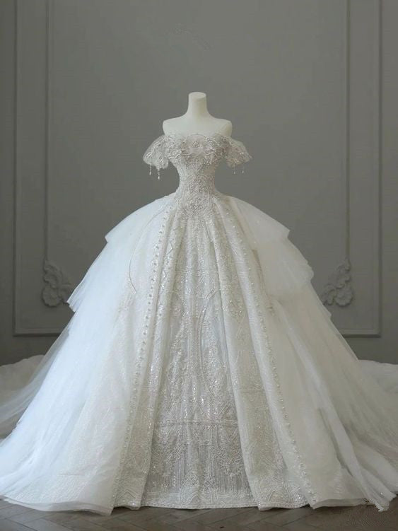 Vintage Ball Gown Off The Shoulder Sequin Lace Long Wedding Dresses
