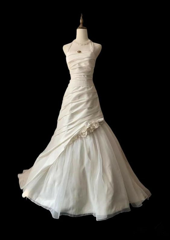 Vintage Mermaid Halter Long White Satin Wedding Dresses