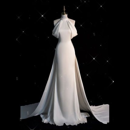 Vintage Mermaid Halter Long White Satin Wedding Dresses
