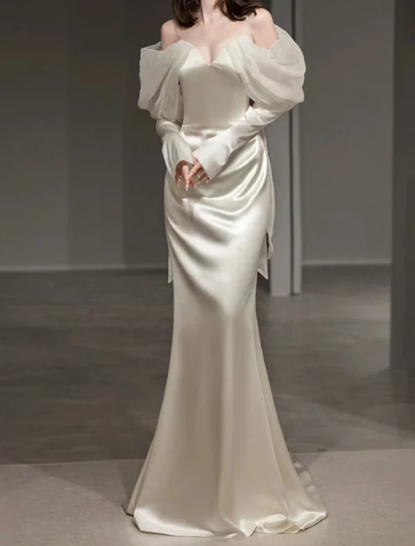 Vintage Mermaid Straps Long Sleeves Satin Wedding Dresses