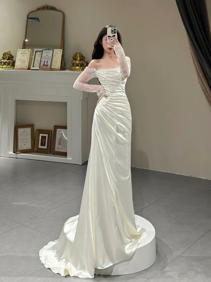 Chic Mermaid Long Sleeves Off The Shoulder Long Satin Wedding Dresses