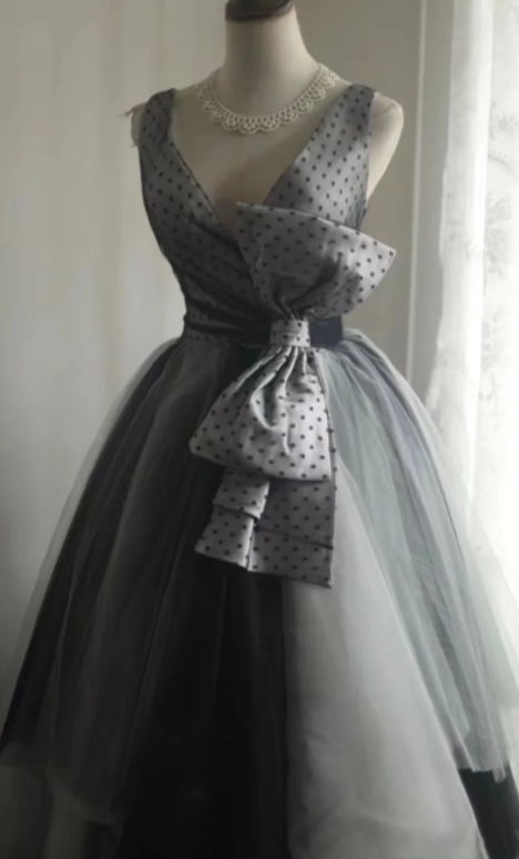 Princess A Line V Neck Satin Tulle Long Prom Dress, Evening Dress
