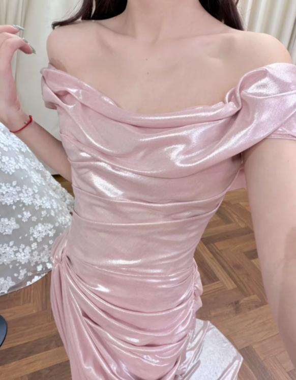 Pretty Pink Mermaid Off The Shoulder Pleated Satin Slit Long Prom Dress, Evening Dress