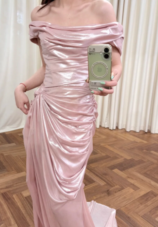 Pretty Pink Mermaid Off The Shoulder Pleated Satin Slit Long Prom Dress, Evening Dress