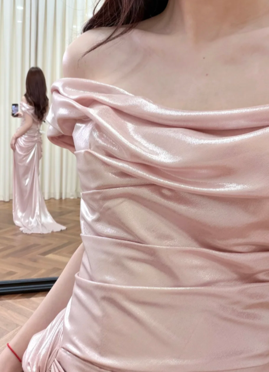 Pretty Pink Mermaid Off The Shoulder Pleated Satin Slit Long Prom Dress, Evening Dress
