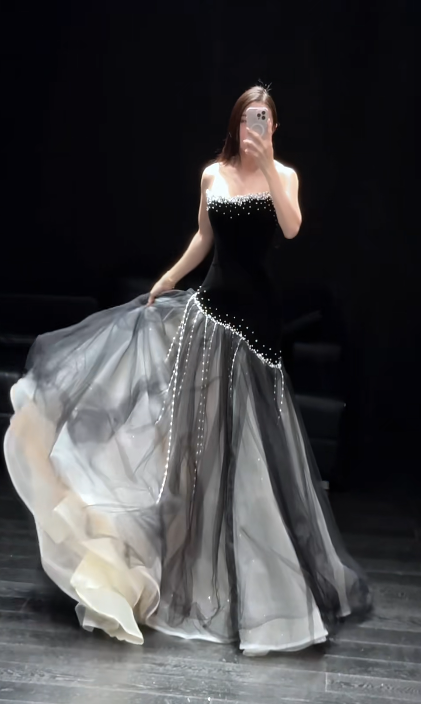 Gorgeous Mermaid Strapless Satin Tulle Beaded Long Prom Dress, Evening Dress