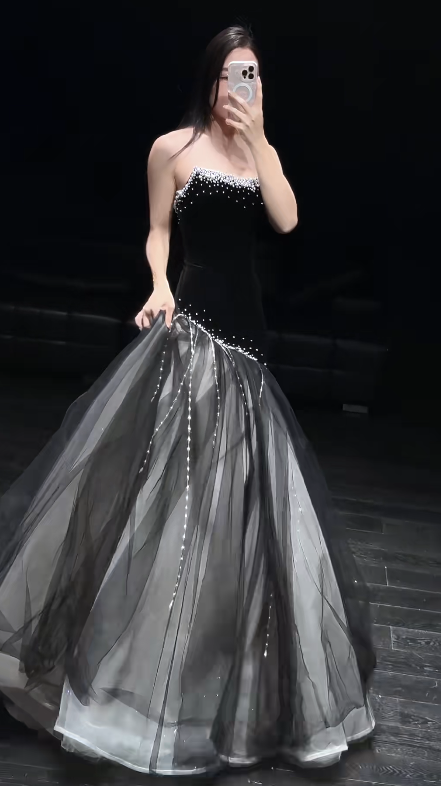 Gorgeous Mermaid Strapless Satin Tulle Beaded Long Prom Dress, Evening Dress
