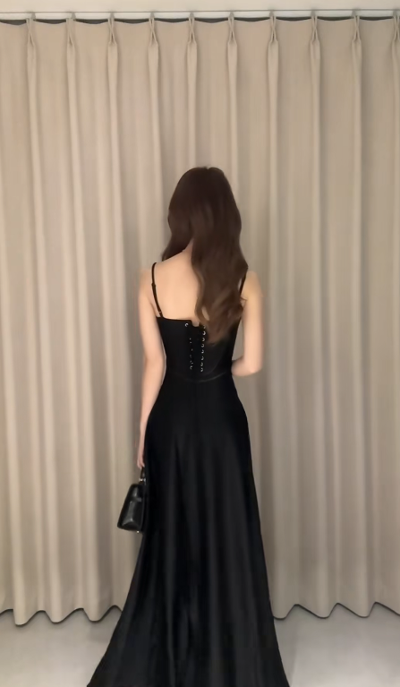 Formal Black A Line Spaghetti Straps Satin Long Prom Dress, Evening Dress