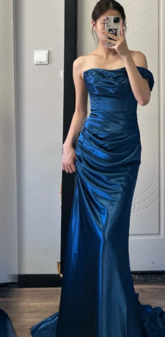 Chic Mermaid Off The Shoulder Satin Long Prom Dress, Evening Dress