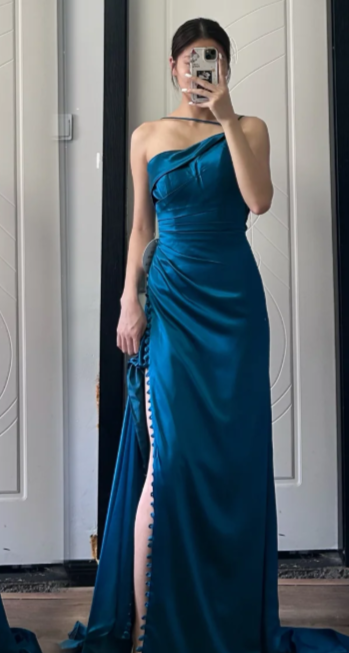 Vintage Mermaid One Shoulder Satin Slit Long Prom Dress, Evening Dress