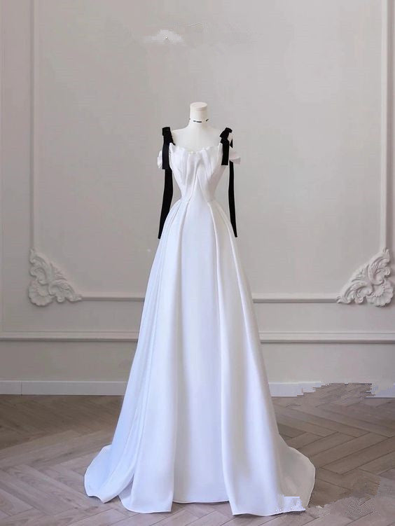A Line Straps White Satin Long Prom Dress