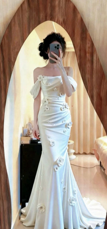 Elegant Mermaid Off The Shoulder Satin Applique Long Prom Dress, Evening Dress