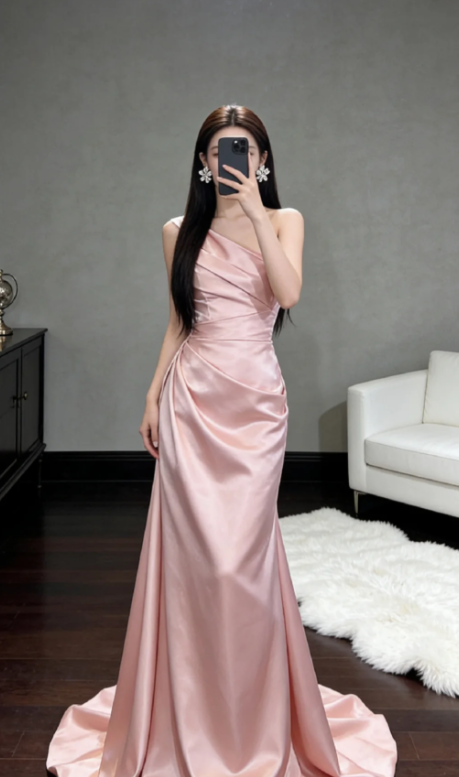 Classy A Line One Shoulder Pink Pleated Satin Long Prom Dress, Evening Dress