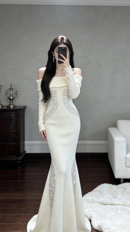 Unique Mermaid Off The Shoulder Satin Sequin Long Sleeves Long Prom Dress, Evening Dress