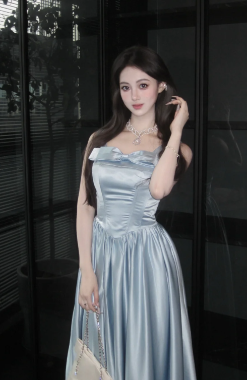 Pretty A Line Square Neck Pale Blue Satin Long Prom Dress, Evening Dress