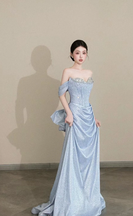 Shiny A Line Off The Shoulder Satin Sequin Beads Long Prom Dress, Evening Dress