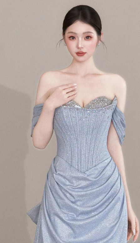 Shiny A Line Off The Shoulder Satin Sequin Beads Long Prom Dress, Evening Dress