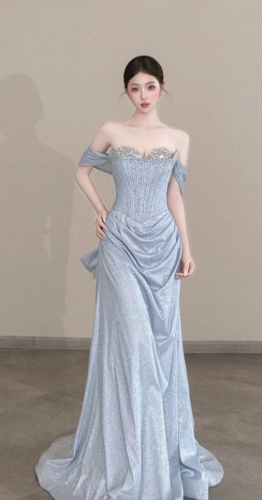 Shiny A Line Off The Shoulder Satin Sequin Beads Long Prom Dress, Evening Dress