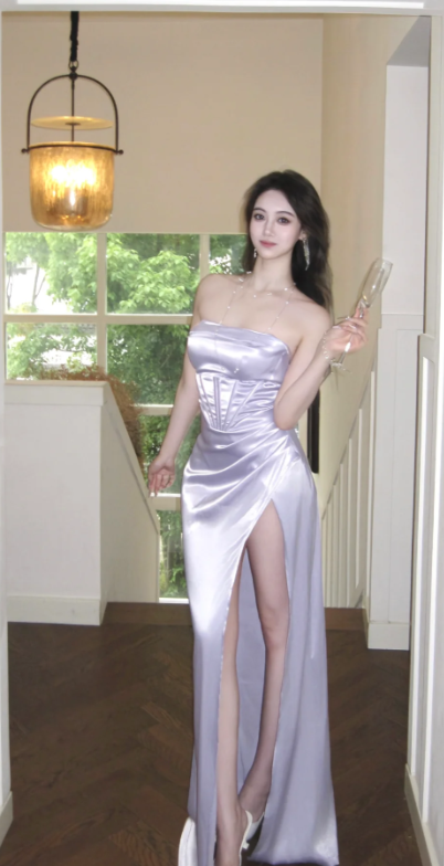 Sexy Mermaid Strapless Lilac Satin Slit Long Prom Dress, Evening Dress
