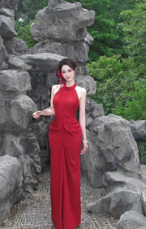 Charming Red Mermaid Halter Satin Backless Long Prom Dress, Evening Dress