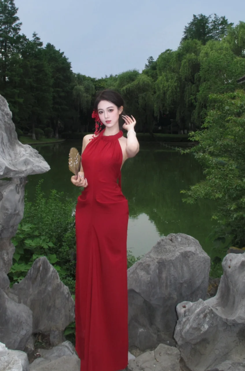 Charming Red Mermaid Halter Satin Backless Long Prom Dress, Evening Dress