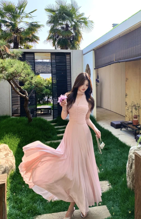 Blush Pink A Line V Neck Chiffon Long Prom Dress, Evening Dress