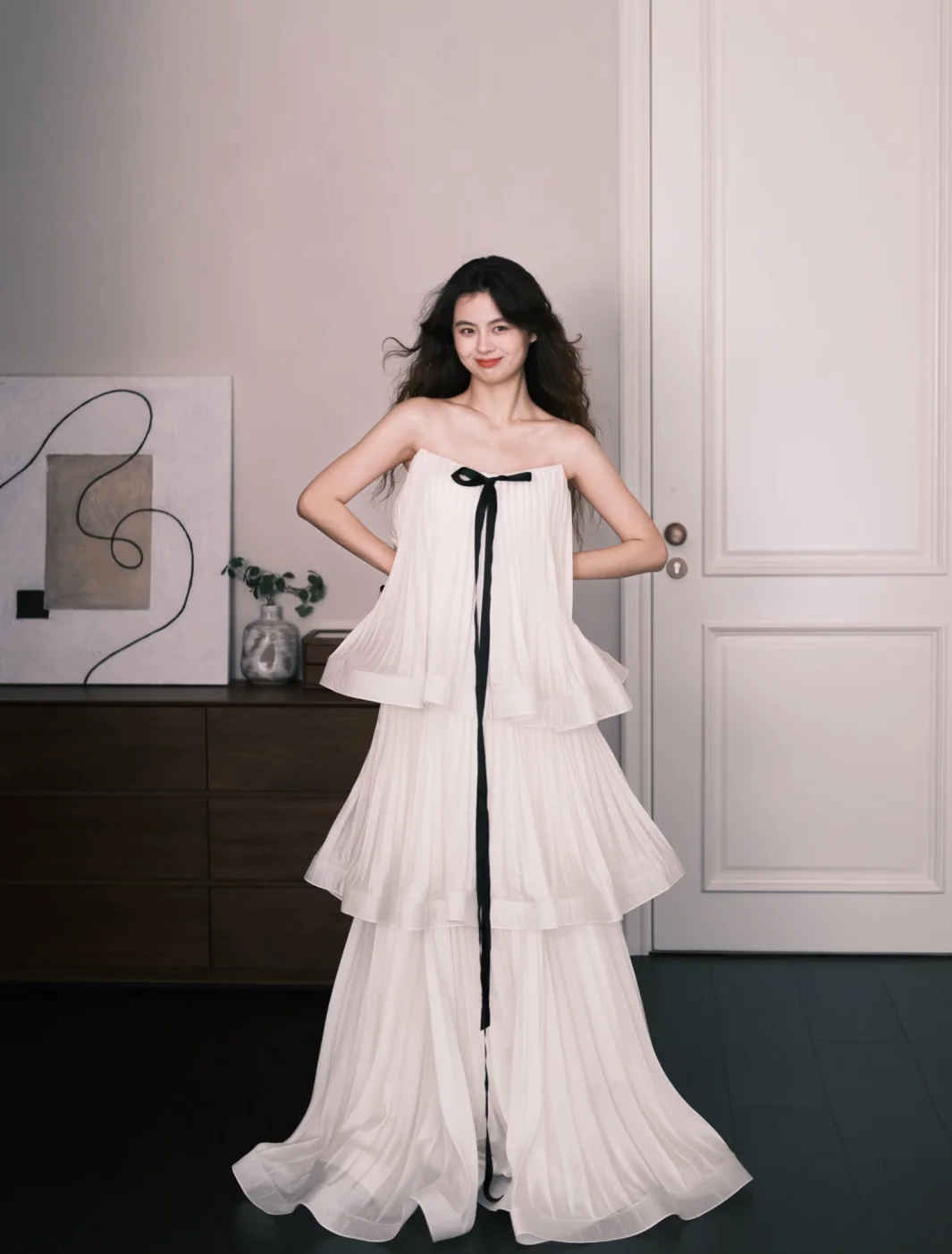 Princess A Line Strapless Tiered Chiffon Long Prom Dress, Evening Dress