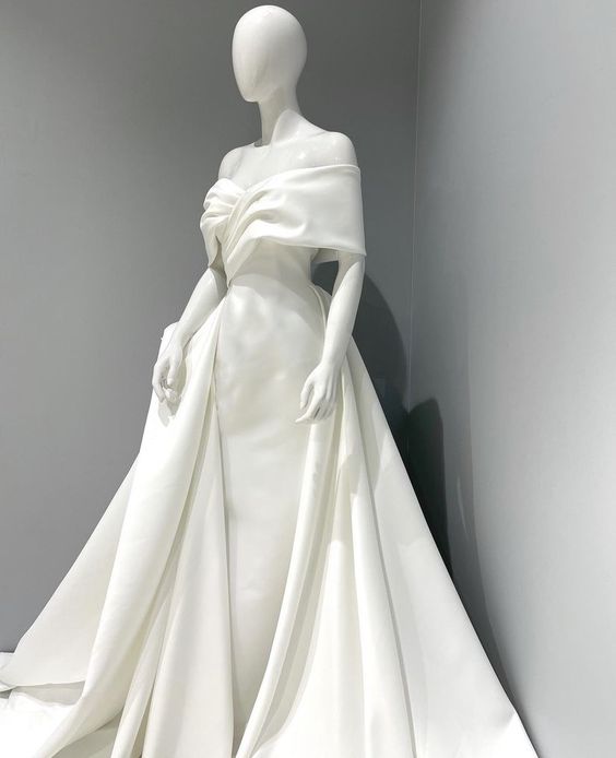 Chic Sheath Off The Shoulder Long Satin Wedding Dresses