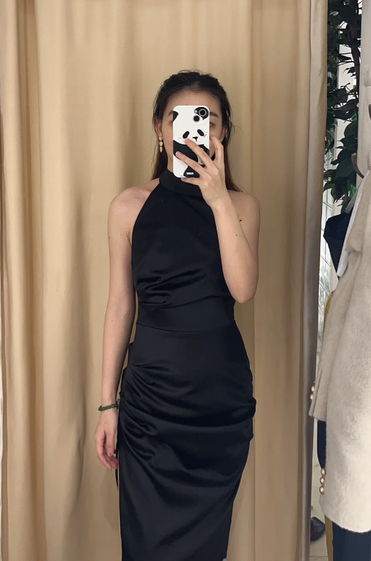 Elegant Mermaid Black Halter Satin Slit Long Prom Dress, Evening Dress
