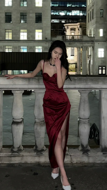Classy Mermaid Burgundy Spaghetti Straps Satin Slit Long Prom Dress, Evening Dress