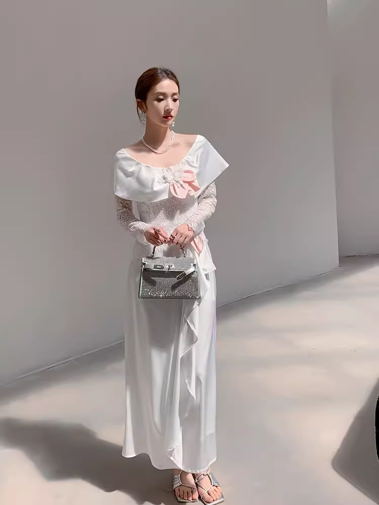 Vintage A Line Long Sleeves White Silk Satin Long Prom Dresses C80
