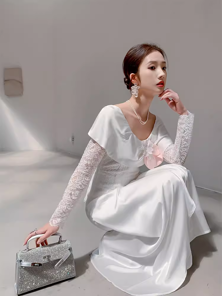 Vintage A Line Long Sleeves White Silk Satin Long Prom Dresses C80