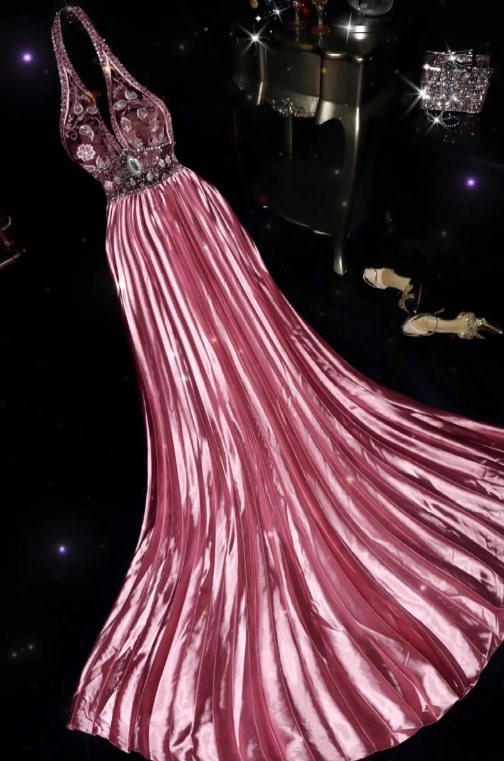 Retro A Line Halter Satin Beads Long Prom Dress, Evening Dress