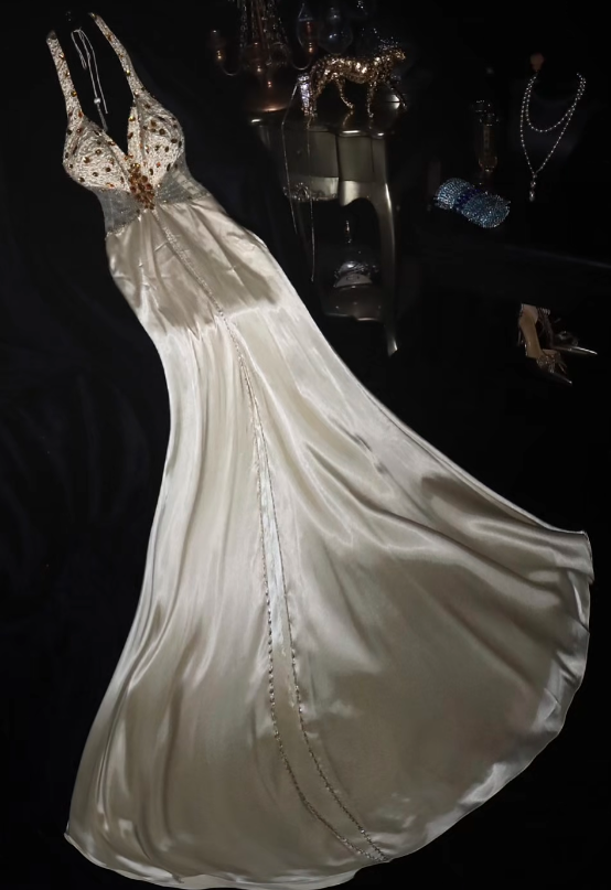 Gorgeous Mermaid Halter Satin Sequin Long Prom Dress, Evening Dress