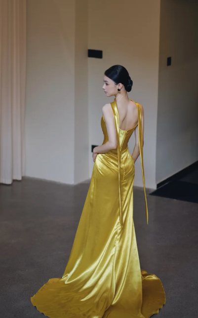 Yellow Mermaid Strapless Satin Long Prom Dress, Evening Dress