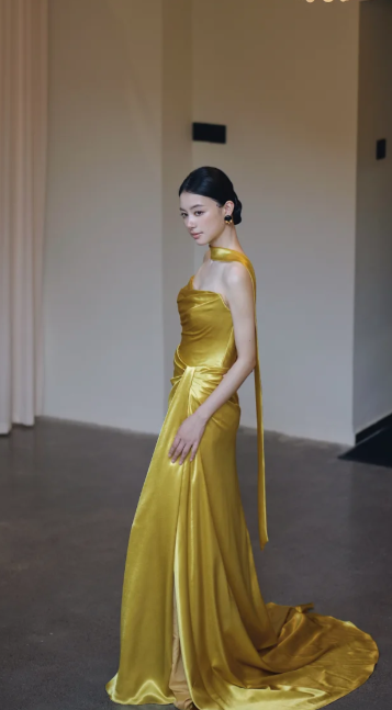 Yellow Mermaid Strapless Satin Long Prom Dress, Evening Dress