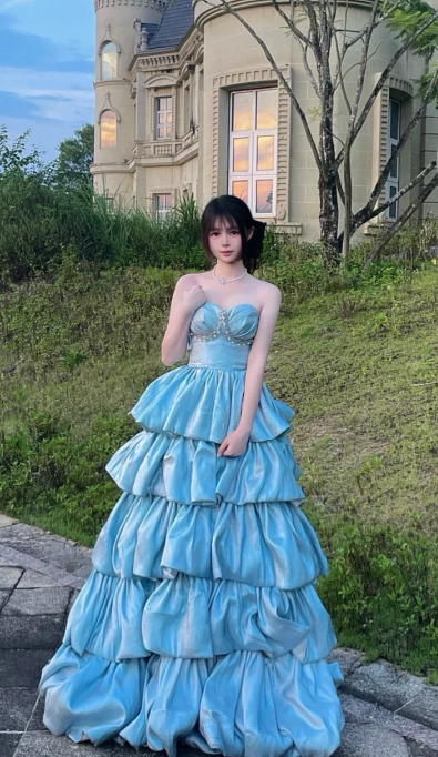 Princess Ball Gown Strapless Tiered Satin Long Prom Dress, Evening Dress